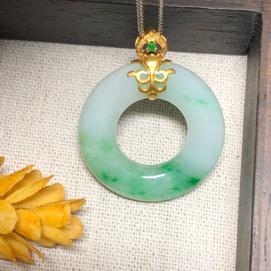 28.9 mm Myanmar Grade A Green Moss Peace Donut Jade Jadeite Pendant 18K