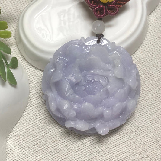 50.5 mm Grade A Big Lavender Jadeite Jade Carved Flower Pendant Neck Rope Tie