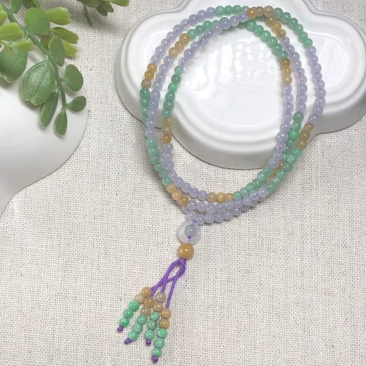 3.6 mm Grade A Mini Icy Lavender Green Yellow Round Jadeite Jade Bead Bracelet 12 inches
