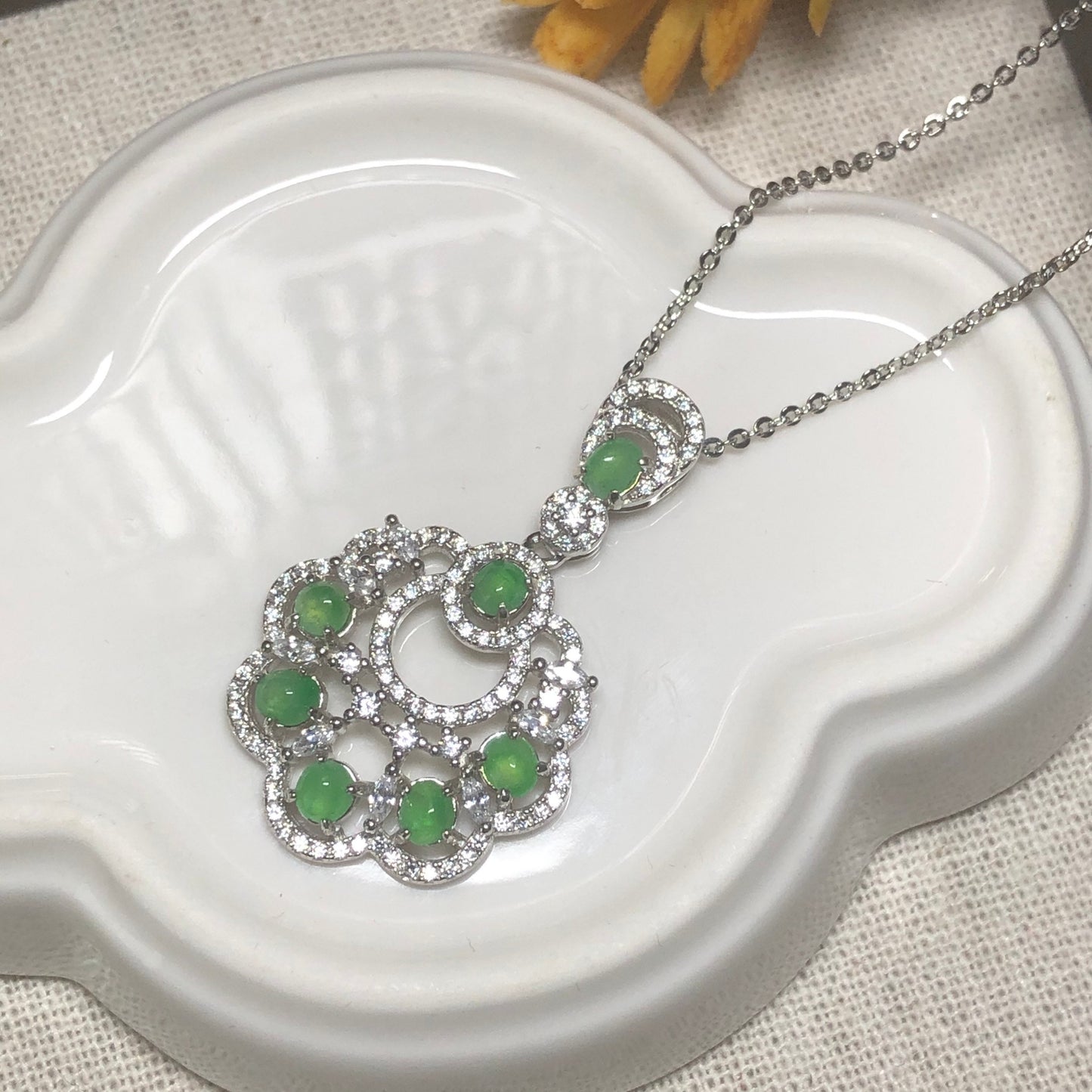 SALE: 35.7mm Grade A Mini Cabochon Round Jadeite Jade Pendant Necklace 925K Silver