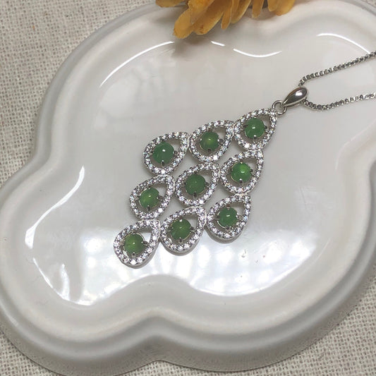 42.3mm Grade A Mini Cabochon Round Jadeite Jade Pendant Necklace 925K Silver