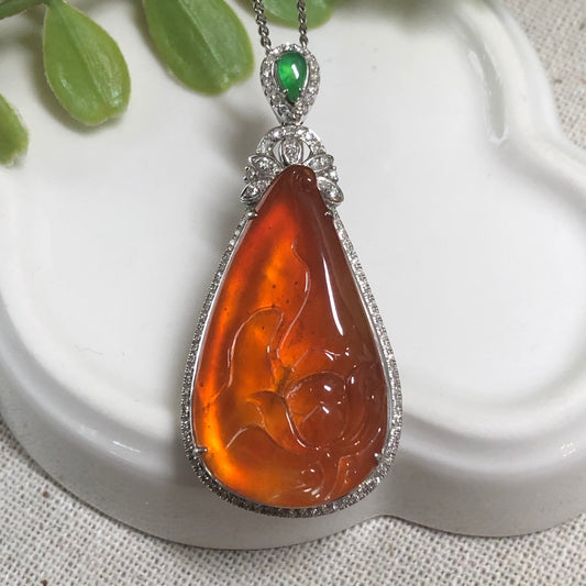 SOLD OUT: 43.8mm Grade A Red Brown Jadeite Jade Water Drop Pendant 18K White Gold Diamonds