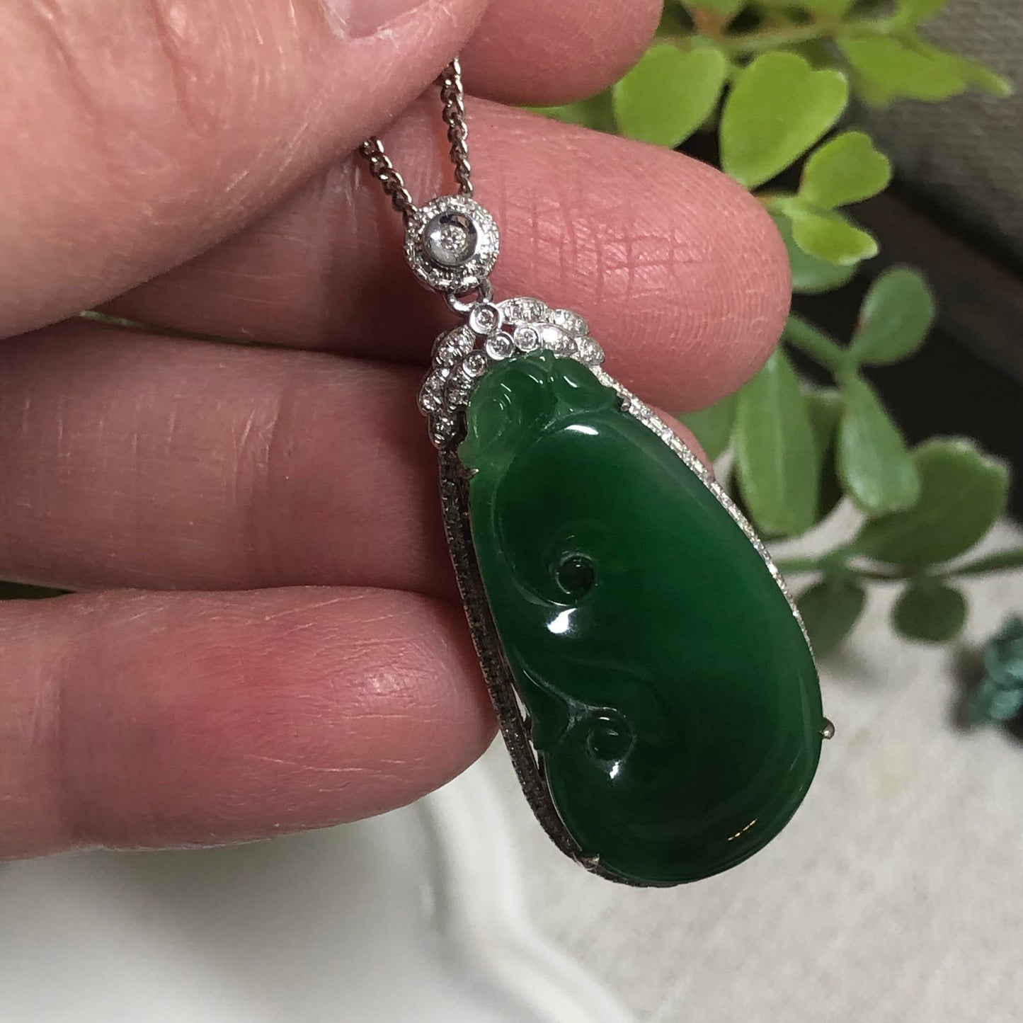 37mm Grade A Glutinous Imperial Green Ruyi Jadeite Jade Pendant 18K White Gold