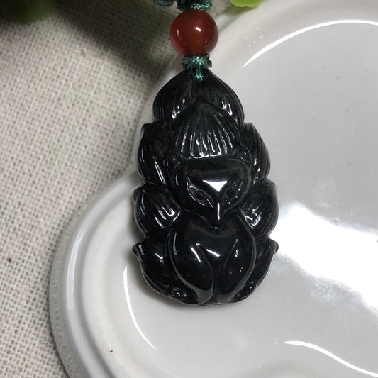Carved Fox Grade A Wuji Black Jadeite Jade Pendant Display