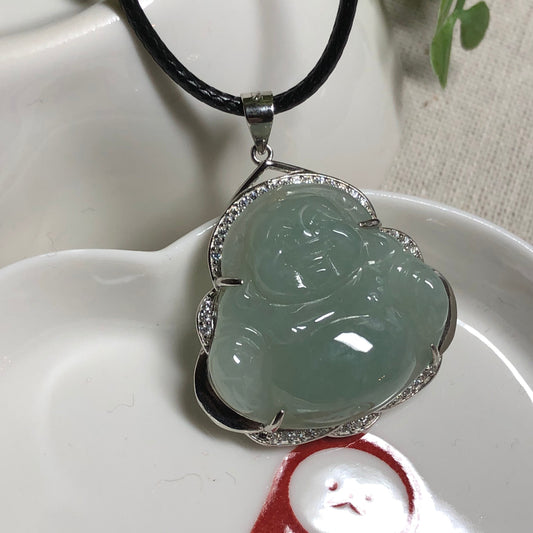 Grade A Jadeite Jade Carved Icy Happy Buddha Pendant Set on 925S Sterling Silver with Diamonds