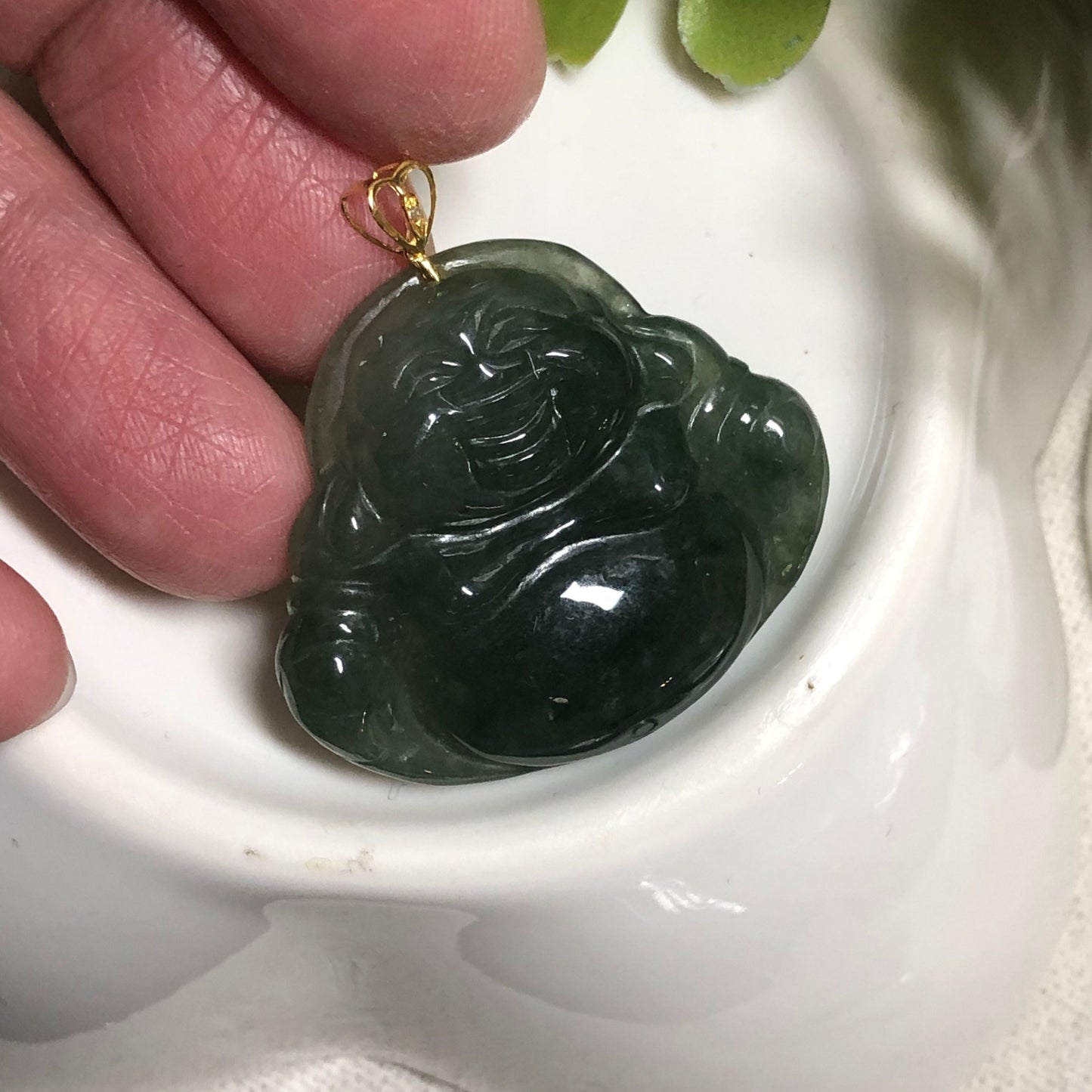 SALE: 31.5mm Grade A Jadeite Jade Carved Icy Happy Buddha Pendant 18K Gold Bail