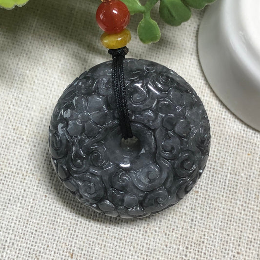 RESERVED: 31.4mm Jadeite Jade Wuji Black Carved Floral Peace Donut Pendant Neck Rope Tie