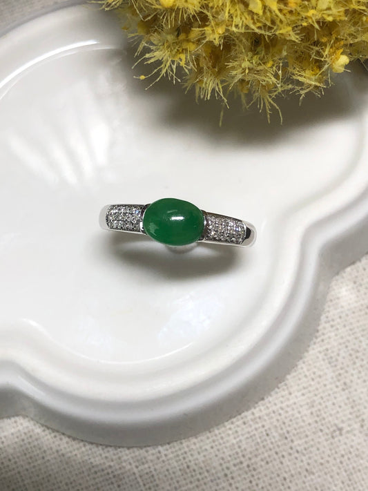 Grade A Icy Jade Jadeite Imperial Green Oval Cabochon Ring 18K White Gold Diamonds