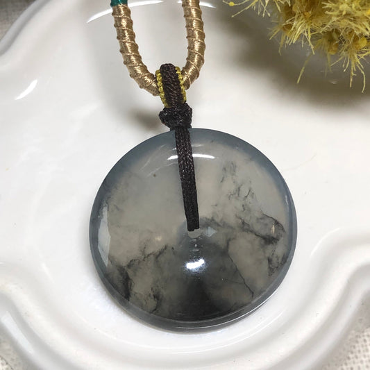 26mm Grade A Jadeite Jade High Icy Wuji Peace Donut Pendant Neck Rope Tie