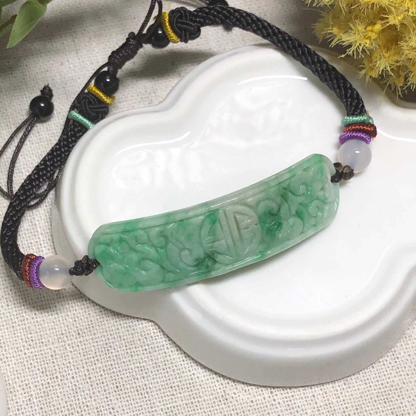 48mm Grade A Green Moss Carved Antique Jadeite Jade Rope Bracelet