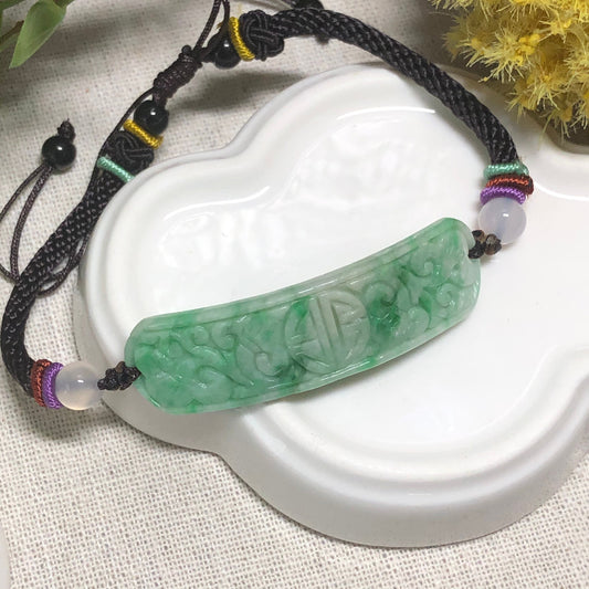 48mm Grade A Green Moss Carved Antique Jadeite Jade Rope Bracelet