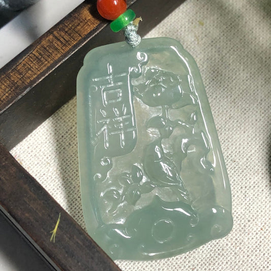 GRADE A High Icy Green Carved Bird Tree Asian Words Jadeite Jade Pendant