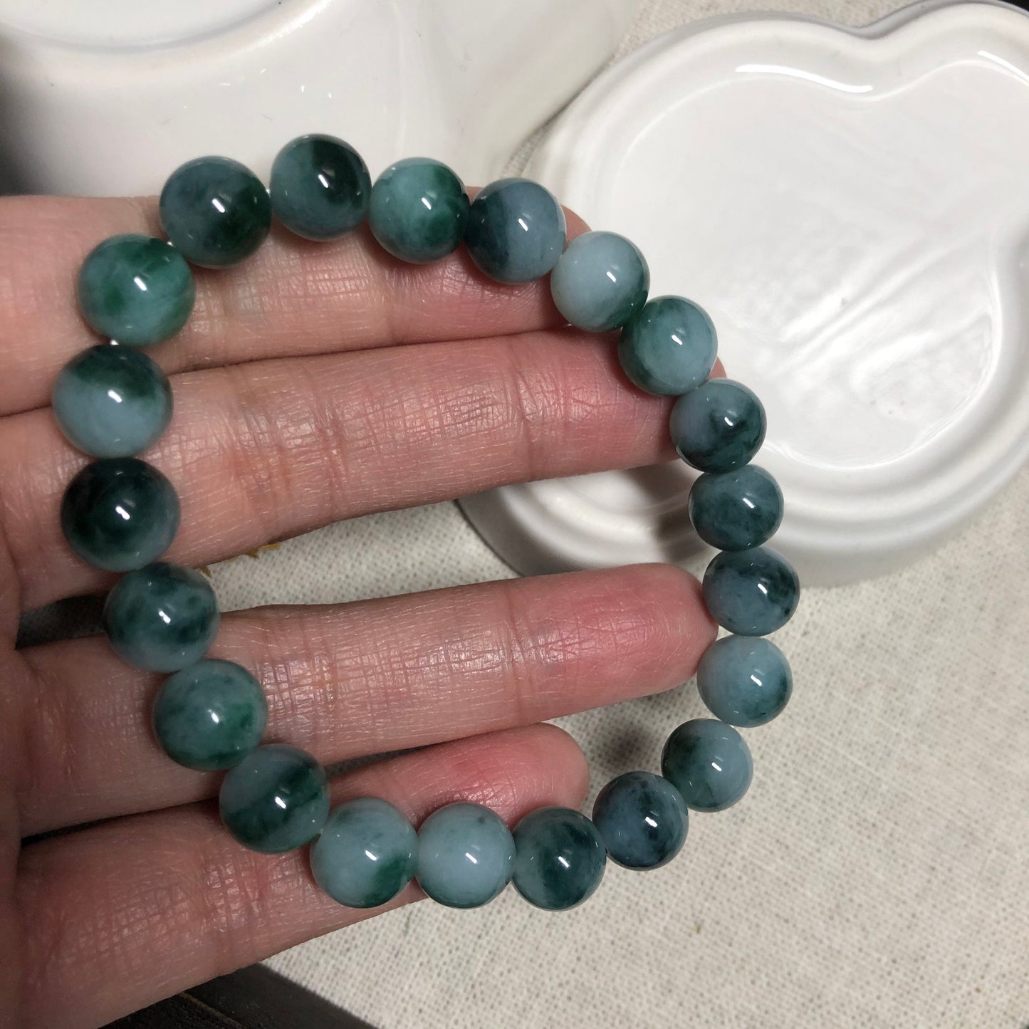 9.4 mm Grade A Blue Green Float Flowers Bead Jade Jadeite Bracelet 21 pcs