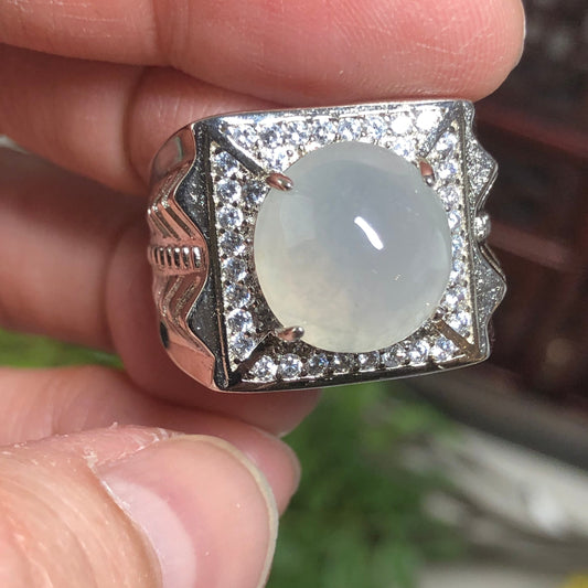 925S Certified Grade A Jadeite Jade Icy Round Cabochon Ring set on Sterling Silver