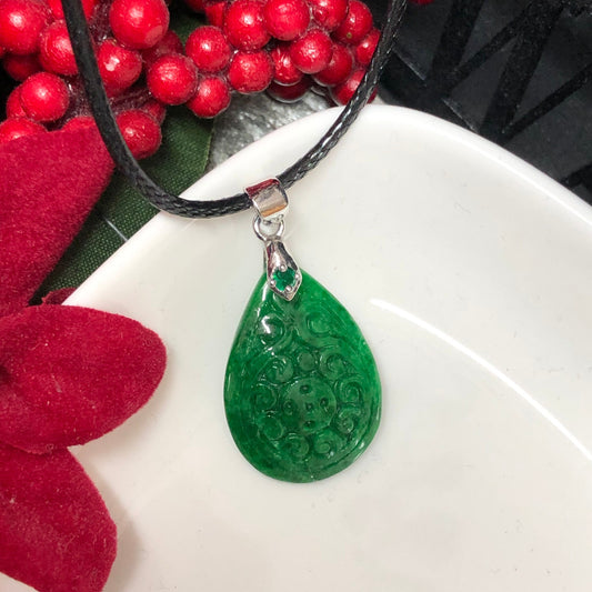 Certified Myanmar Grade A Sharp Green Carved Floral Design Drop Pendant with silver buckle