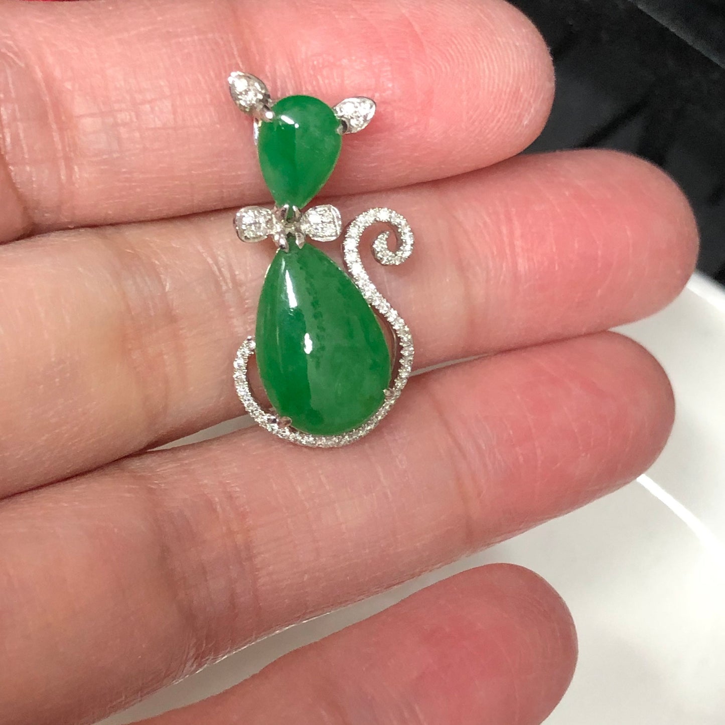 Certified Myanmar Grade A Imperial Green Cat Double Drop Pendant 18K white gold pendant