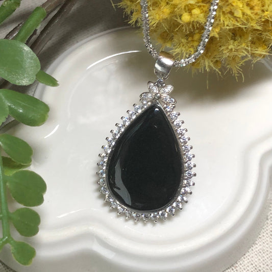 Jadeite Jade Omphacite Water Drop Pendant set on 925 sterling silver and Diamonds
