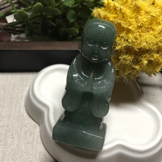 59.1mm Certified Myanmar Grade A Jadeite Green Carved Praying Buddha Display Figurine