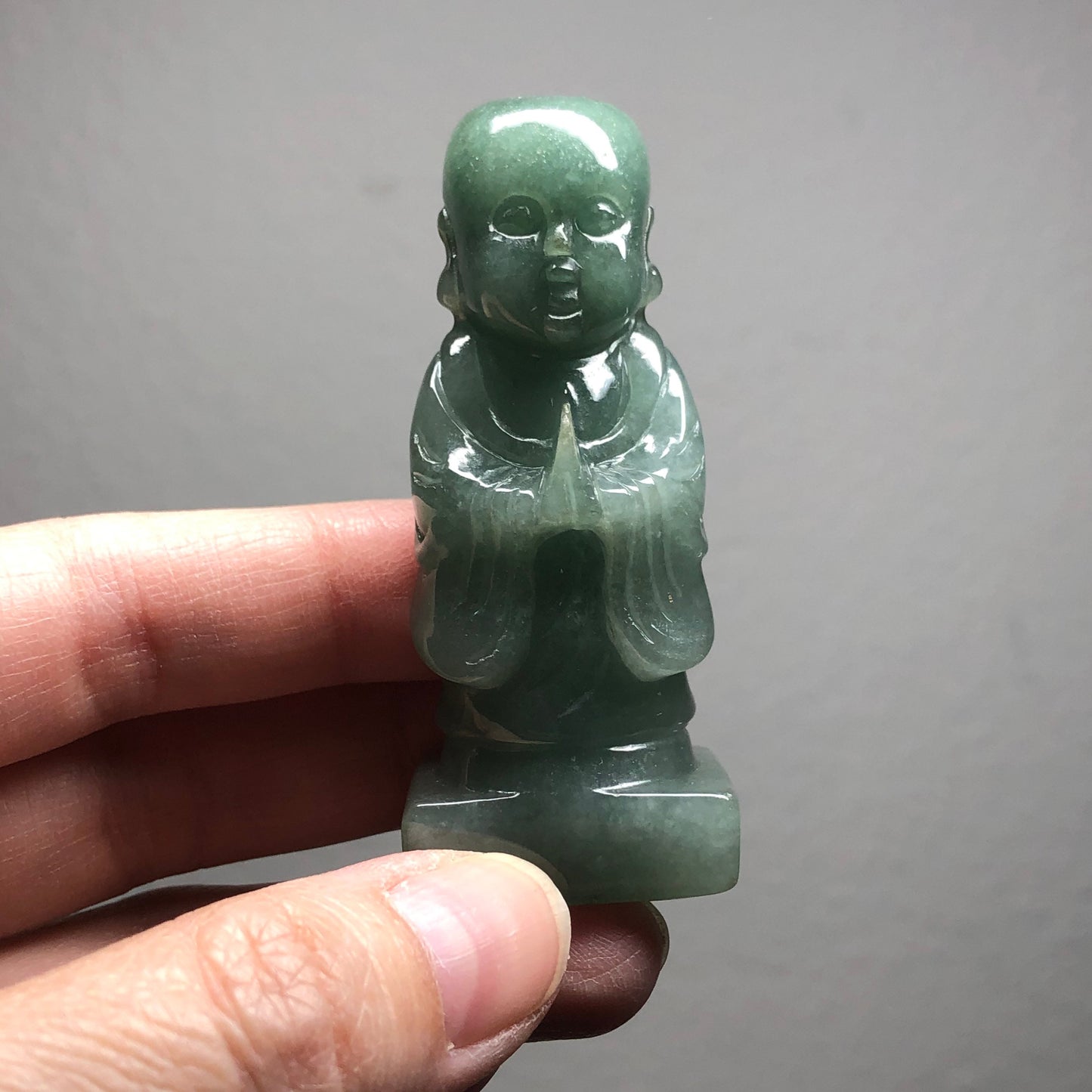 59.1mm Certified Myanmar Grade A Jadeite Green Carved Praying Buddha Display Figurine