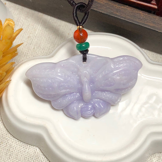 49 mm Grade A Lavender Jadeite Jade Carved Butterfly Pendant Neck Rope Tie