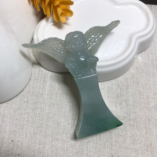 61.1 mm Grade A Jadeite Jade Icy Green Carved Cupid Love Angel Display Figurine Valentines Day