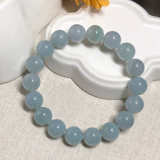 10.8 mm Grade A Icy Sky Blue Green Float Flowers Round Jadeite Jade Bead Bracelet 18 pcs.