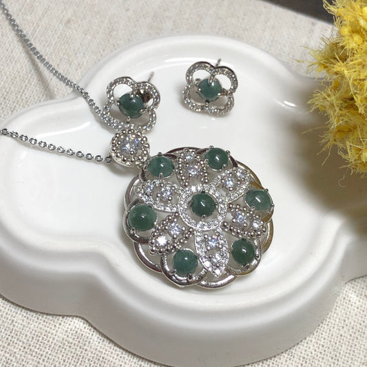 SALE Grade A Jadeite Jade Icy Assorted Cabochon Big Drop Pendant Dangle Earring Bow Ring Set on 925 Sterling Silver