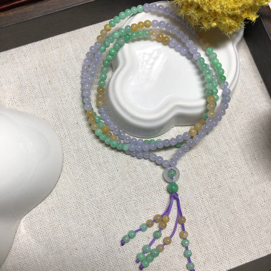 3.7 mm Grade A Mini Icy Lavender Green Yellow Round Jadeite Jade Bead Bracelet 12 inches