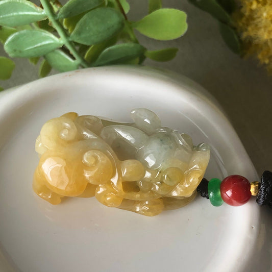 34.9mm Grade A Earthy Yellow Green Carved Pixiu Jadeite Jade Pendant Display Figurine