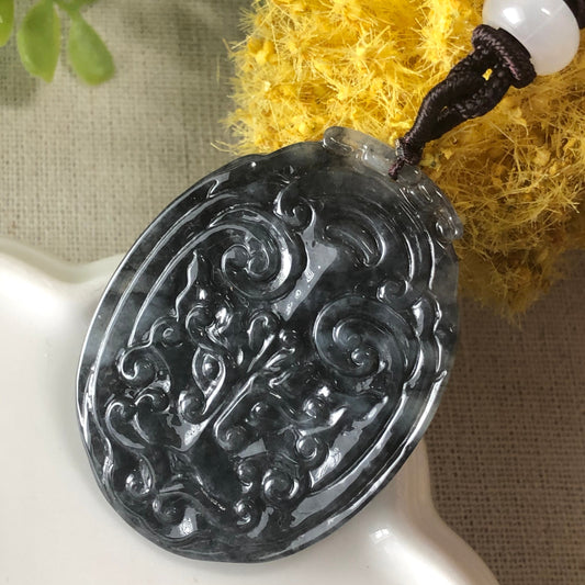 47.8mm Jadeite Jade Grade A Icy Wuji Black Asian Carved Jadeite Jade Pendant