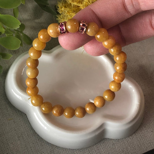 7.2 mm Jadeite Jade Grade A Earthy Yellow Brown Jadeite Jade Round Bead Bracelet 25pcs.