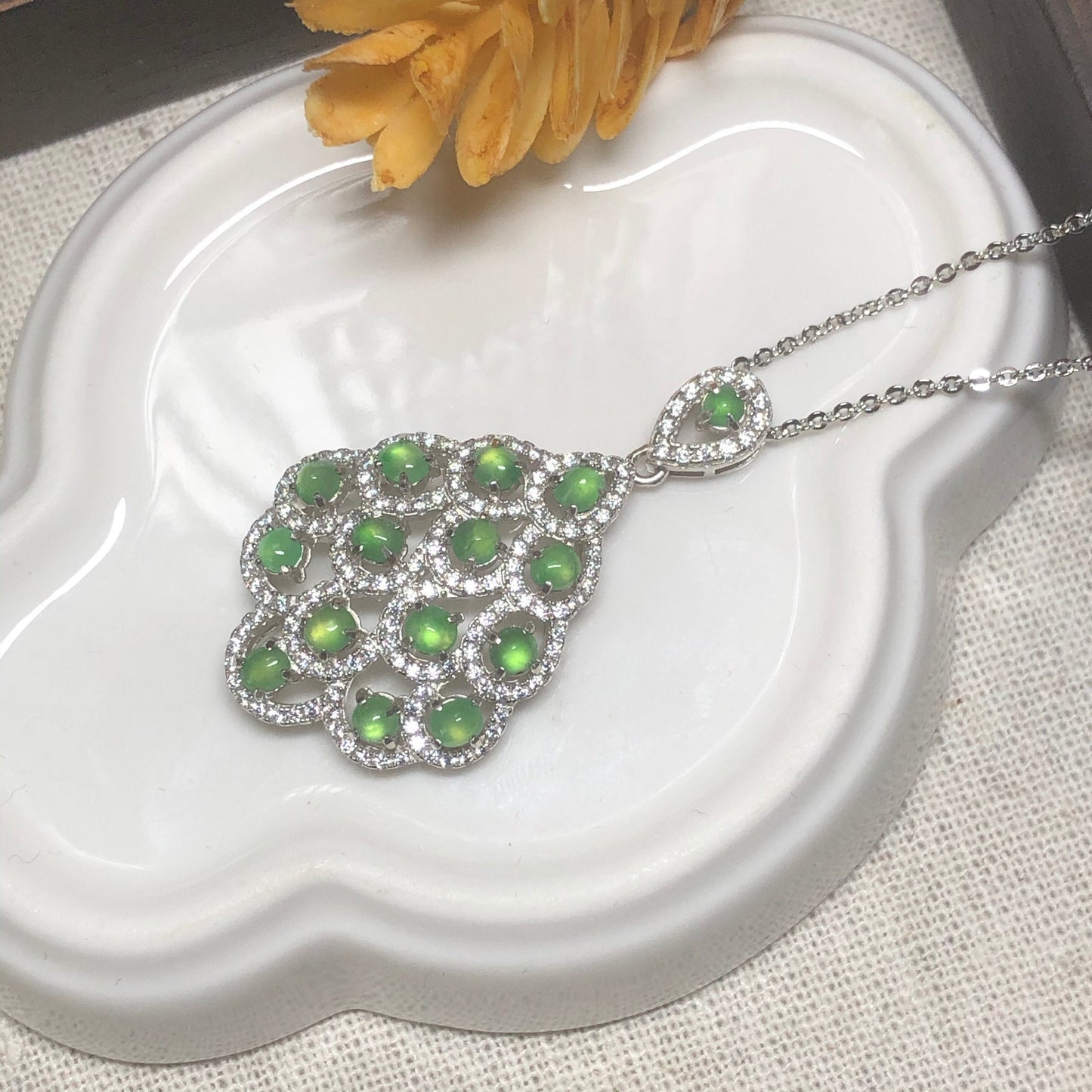 38.4mm Grade A Mini Cabochon Round Jadeite Jade Pendant Necklace 925K Silver