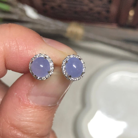Grade A Icy Jade Jadeite Lavender Oval Cabochon Ring 18K White Gold Diamonds