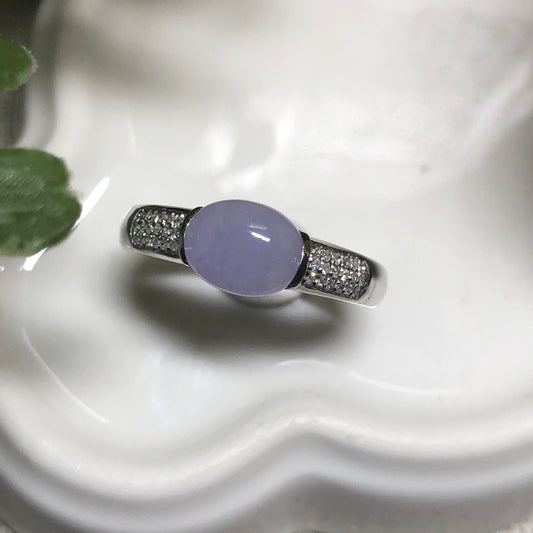 Grade A Icy Jade Jadeite Lavender Oval Cabochon Ring 18K White Gold Diamonds