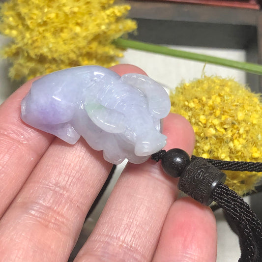32mm Certified Grade A Jadeite Jade Carved Light Earthy Lavender Year of the Cow 2021 Keychain or Pendant Display Figurine