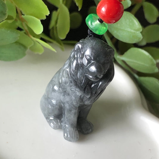 30.4mm Grade A Jadeite Jade Carved Wuji Grey Black Lion Pendant Neck Rope Tie