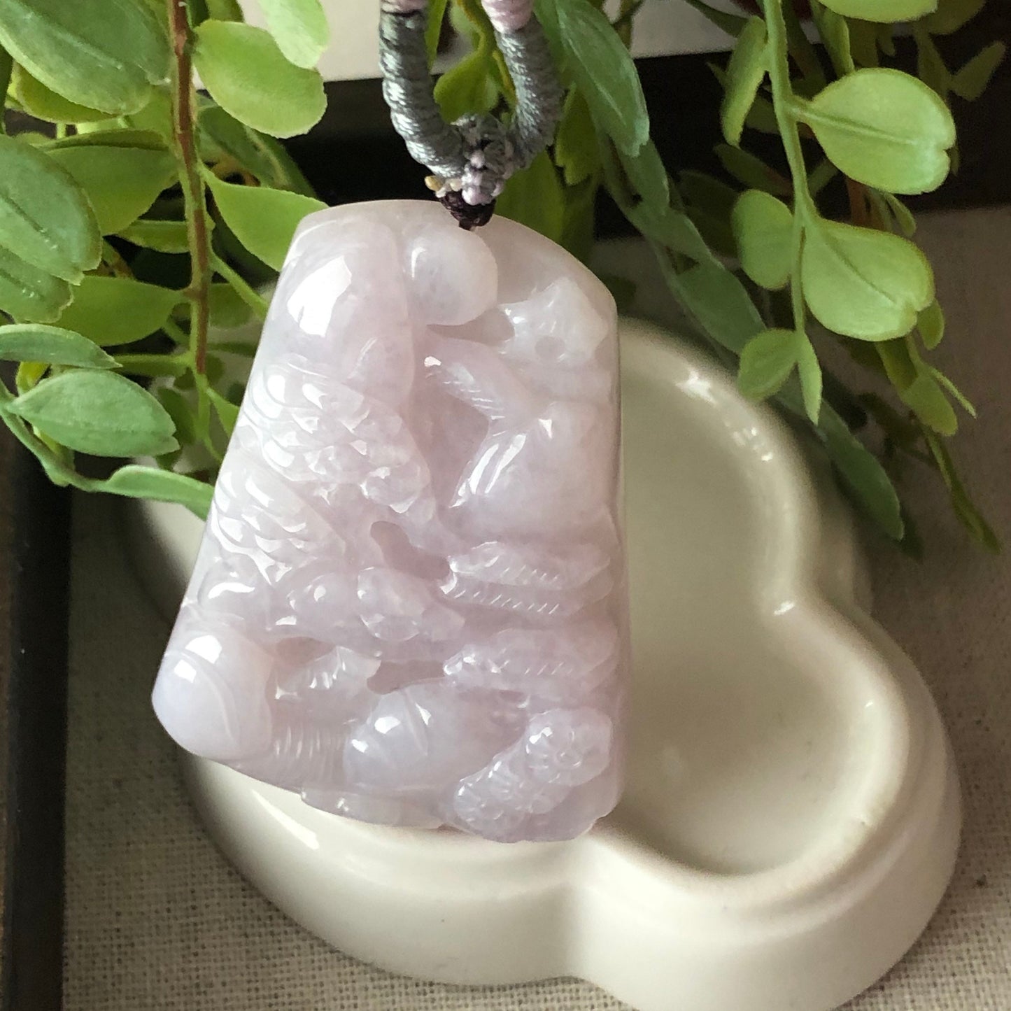 59.5mm Jadeite Jade Icy Light Lavender Pink Carved Landscape Scenery Pendant Neck Rope Tie