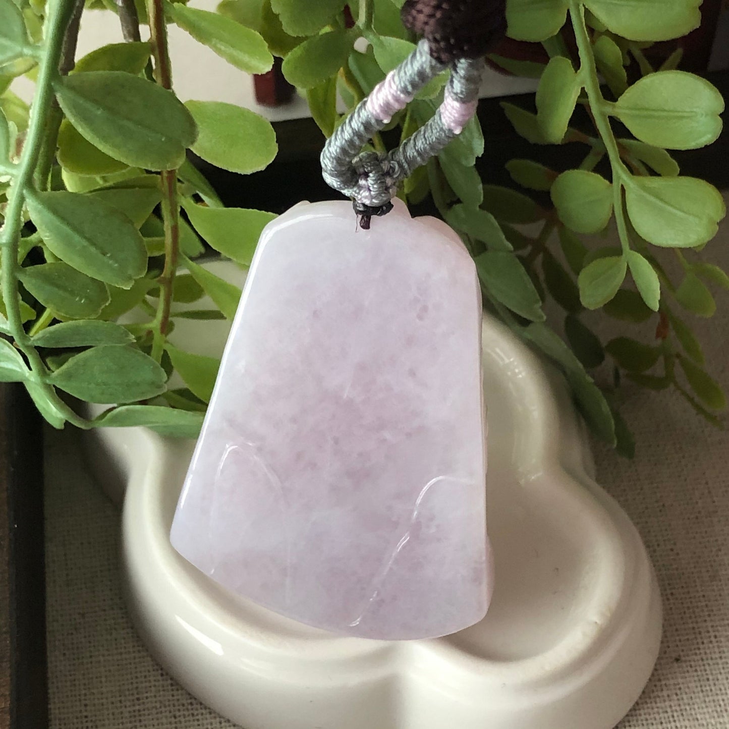 59.5mm Jadeite Jade Icy Light Lavender Pink Carved Landscape Scenery Pendant Neck Rope Tie