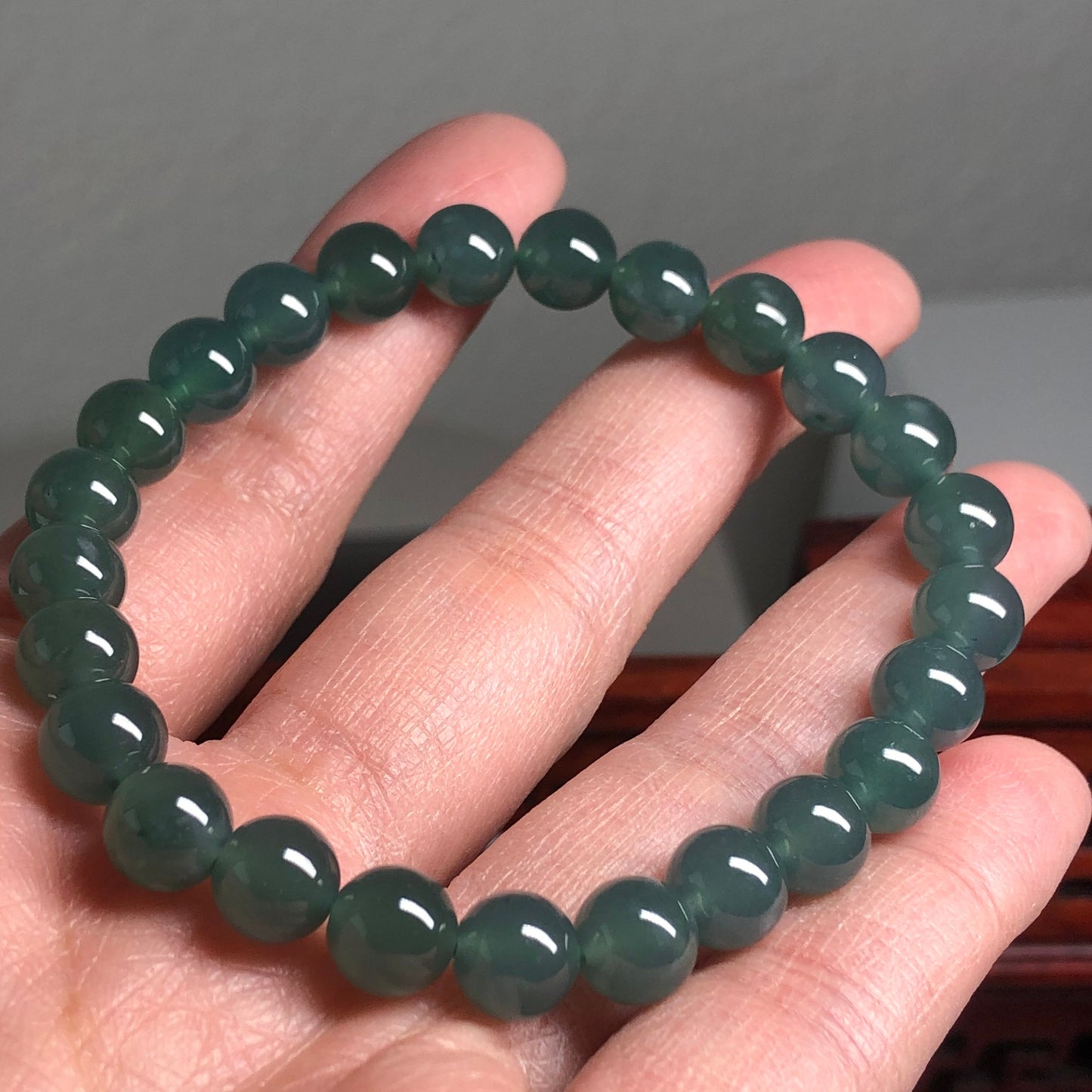 7.4 mm Jadeite Jade Icy Glutinous Green Blue Bead Bracelet 25 pcs.