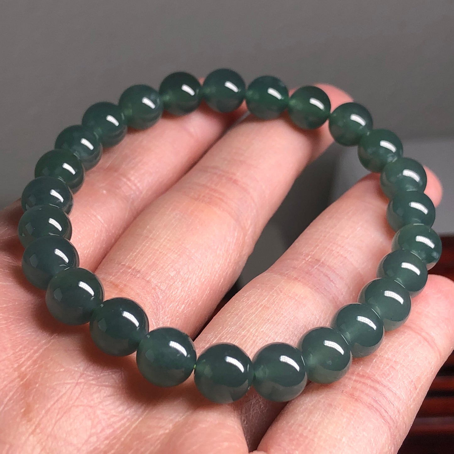 7.4 mm Jadeite Jade Icy Glutinous Green Blue Bead Bracelet 25 pcs.