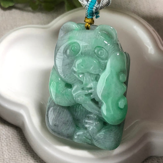 42.1mm Jadeite Jade Green Wuji Carved Ruyi Panda Display Figurine Pendant