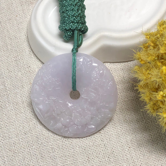 38.4mm Jadeite Jade Icy Light Lavender Pink Carved Floral Peace Donut Pendant Neck Rope Tie