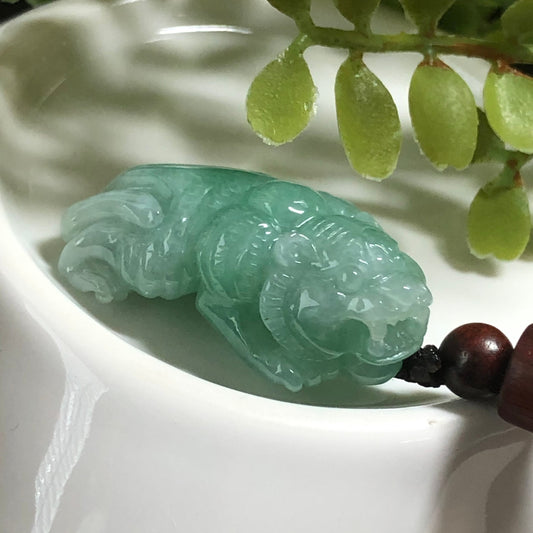 30.9mm Grade A Jadeite Jade Carved Yang Green Tiger Pendant Neck Rope Tie