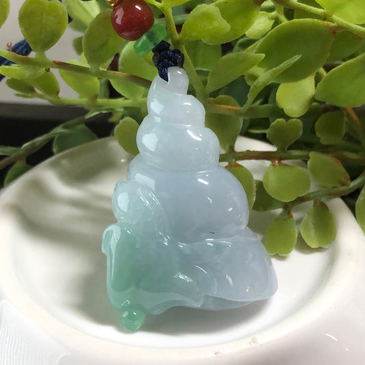 39mm Grade A Jadeite Jade Carved Moss Green Sea Shell Pendant Neck Rope Tie