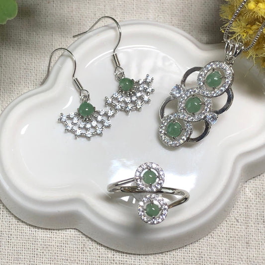 SALE Grade A Jadeite Jade Icy Assorted Cabochon Knot Tie Pendant Dangle Earring Fan Ring Set on 925 Sterling Silver