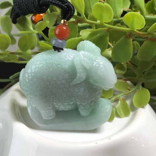 38.5mm Grade A Jadeite Jade Carved Green Lamb Ram Pendant Neck Rope Tie