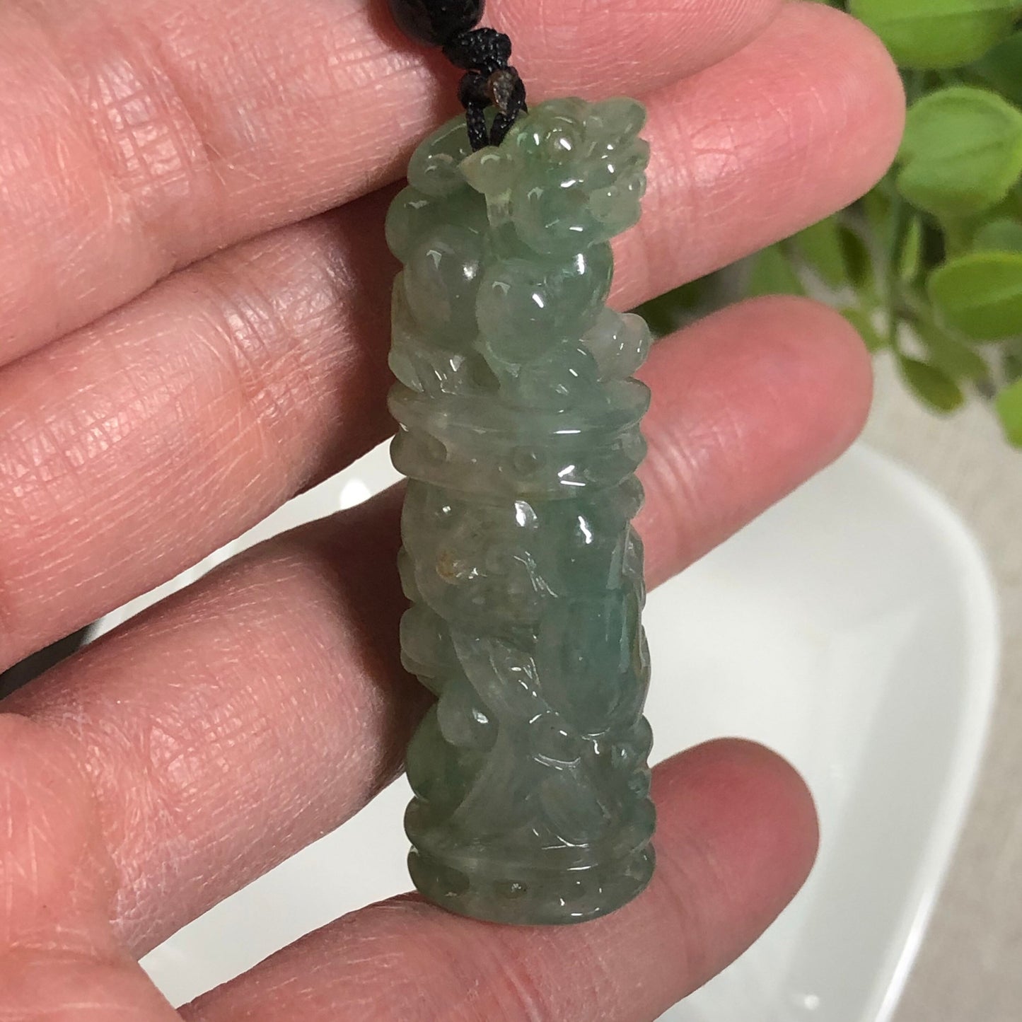 46.3 Jadeite Jade Icy Carved Pixiu Dragon Pole Pendant Keychain Charm