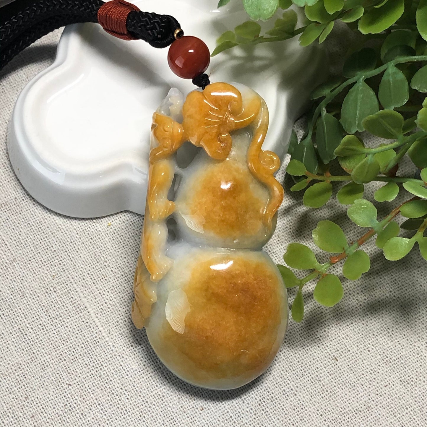 71.6mm Jadeite Jade Big Hulu 葫蘆 Gourd Yellow Brown Ruyi 如意 Keychain Hand Medallion