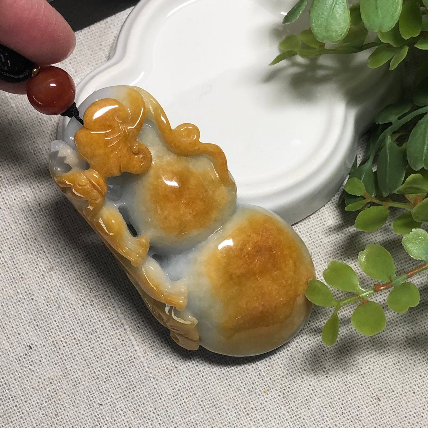 71.6mm Jadeite Jade Big Hulu 葫蘆 Gourd Yellow Brown Ruyi 如意 Keychain Hand Medallion