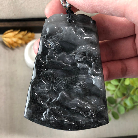 71.4 mm Jadeite Jade Wuji Black Carved Mountain Landscape Pendant Neck Rope Tie